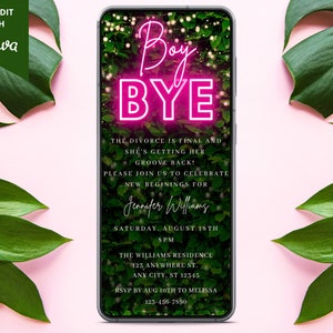 Electronic Divorce Party Invitation, Digital Divorced Party Invite, Boy Bye, Pink Neon Greenery, Editable Template, Evite, Instant Download