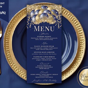 May include: A navy blue menu card with gold text and a gold and blue balloon design. The menu lists starters, main courses, desserts, and drinks. The menu is on a blue plate with gold trim, with gold cutlery.