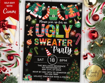 以下が含まれることがあります： 黒い「Ugly Sweater Party」の招待状。カラフルなテキストとセーター、ジンジャーブレッドマン、キャンディケーンのイラストが特徴です。日付、時間、住所などの詳細が含まれています。
