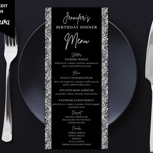 Edytowalna karta menu na urodzinową kolację ze srebrnym brokatem, drukowana karta menu na urodzinową kolację i drinki, edytowalny szablon, natychmiastowe pobranie