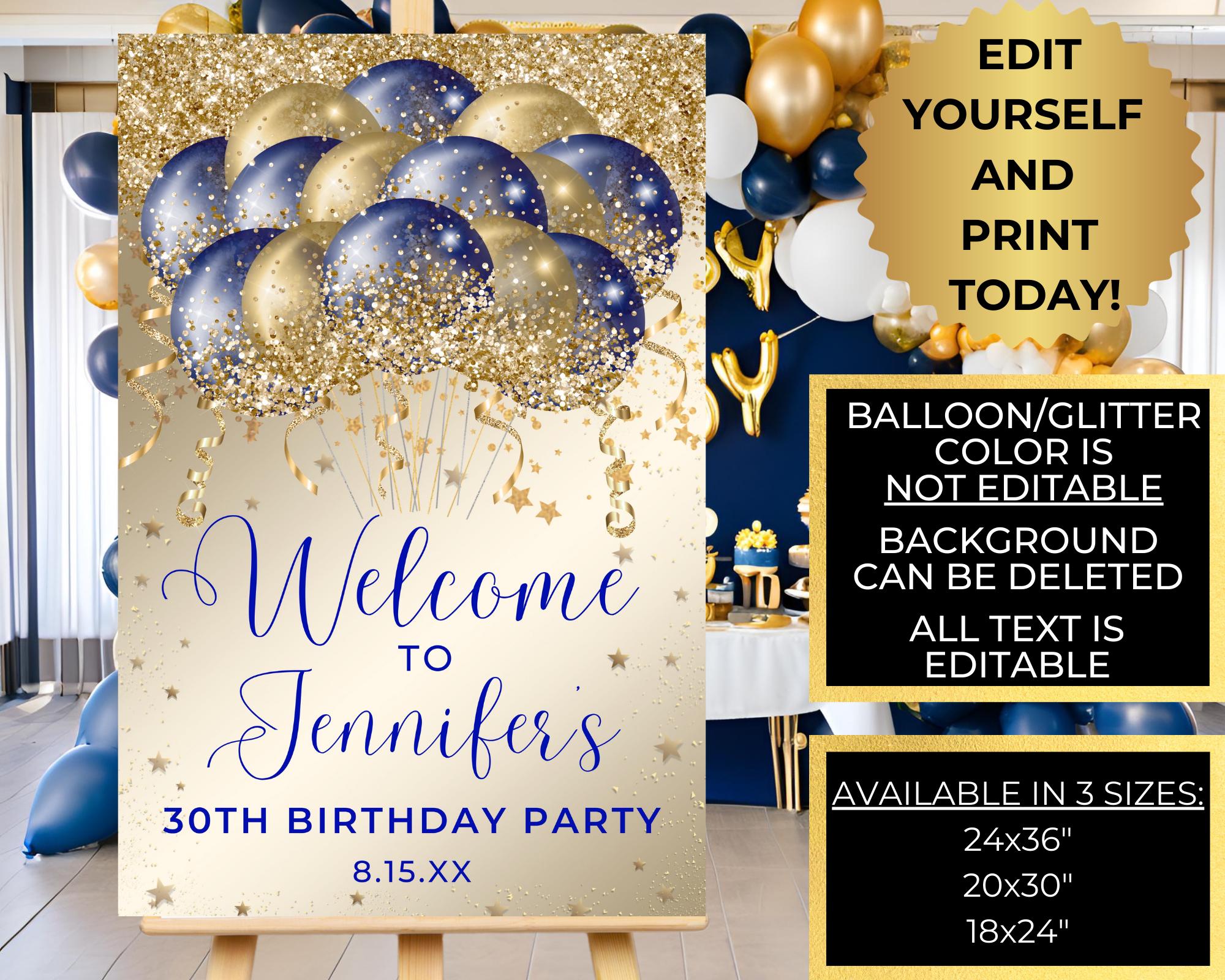 Editable Glam Blue Gold Glitter Balloons Birthday Party Welcome Sign ...