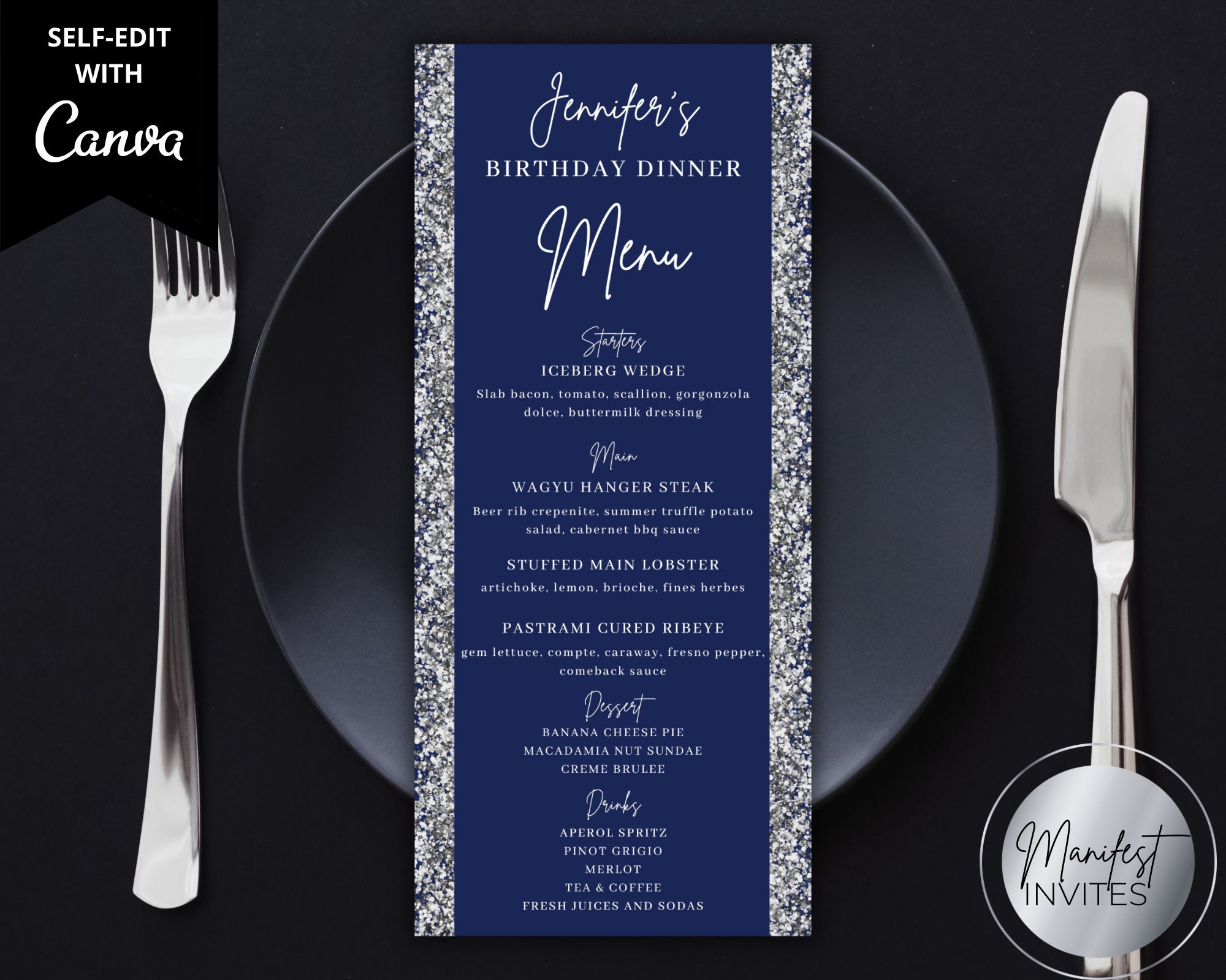 Editable Blue Silver Glitter Birthday Dinner Menu Card, Printable Dinner Party and Drink Menu Card, Editable Template, Instant Download
