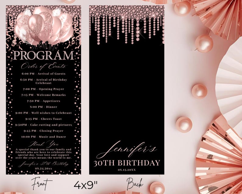 Rose Gold Program Editable Glam Pink Rose Gold Glitter Balloons Diamond Program and Thank ...