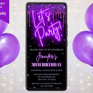 Digital Let&#39;s Party Neon Purple Glitter Drip Birthday Invitation, Electronic Phone Text Email Evite, Editable Template, Instant Download