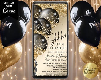 Digital Elegant Surprise Birthday Party Invitation, Black Gold Glam Glitter Balloons, Phone Text Evite, Editable Template, Instant Download