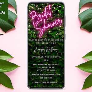 Electronic Bridal Shower Invitation, Digital Bridal Shower Invite, Pink Neon Greenery, Editable Template, Phone Text Evite, Instant Download