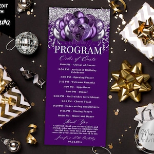 Pode incluir: Um programa de eventos roxo com um design de balões e o texto "PROGRAMA Ordem dos Eventos". O programa inclui um cronograma para uma festa de aniversário. O fundo é preto com caixas de presente e elementos decorativos.