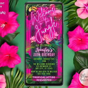 Digital Tropical Pink Neon Welcome to the Jungle Birthday Party Invitation, Electronic Phone Evite, Editable Template, Instant Download