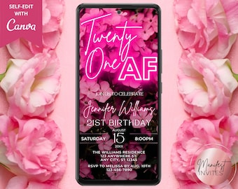 Digital 21 AF 21st Birthday Party Invitation, Electronic Text Message Evite, Pink Neon Floral, Editable Template, Instant Download PF01