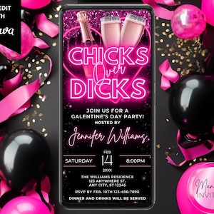 Digital Galentine&#39;s Day Party Glam Invitation, Chicks Over Dicks, Phone Evite, Pink Glitter Drip, Editable Template, Instant Download, PGD7