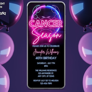Cancer Zodiac Birthday Digital Invitation, Electronic Party Invite, Neon Cancer Season, Phone Evite, Editable Template, Instant Download
