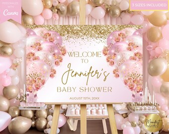 Op de afbeelding: Een roze en gouden welkomstbord voor een babyshower met een glitterachtergrond en ballonnen. Het bord zegt "Welkom bij Jennifer's Baby Shower op 15 augustus 20XX".