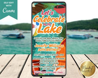 Puede incluir: Una invitación colorida para una fiesta de cumpleaños número 30 con un tema de lago. La invitación presenta un fondo azul y verde con una escena de lago y el texto "Let's Celebrate by the Lake". La invitación también incluye detalles sobre la fiesta, como la fecha, la hora y la ubicación. RSVP a Melissa antes del 10 de julio, 123-456-7890. Trae tu traje de baño y una toalla.