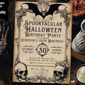 Modèle d'invitation de fête d'anniversaire Halloween vintage modifiable, carte d'Halloween antique effrayante à l'ancienne imprimable, téléchargement immédiat