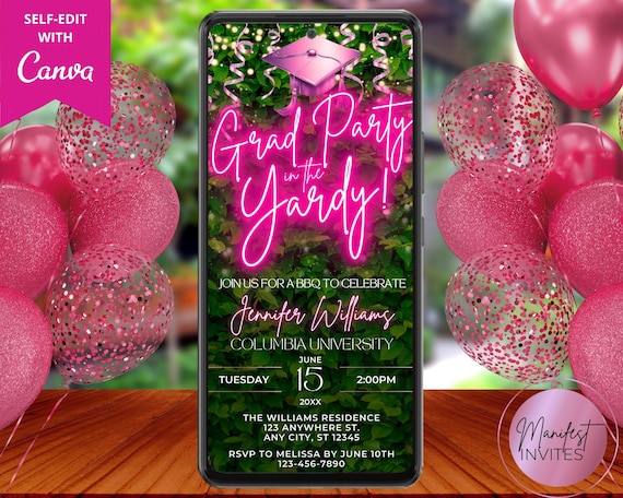Digital Graduation BBQ Cookout Party Invitation, Grad Party in the Yardy, Pink Neon Greenery, Evite, Editable Template, Instant Download