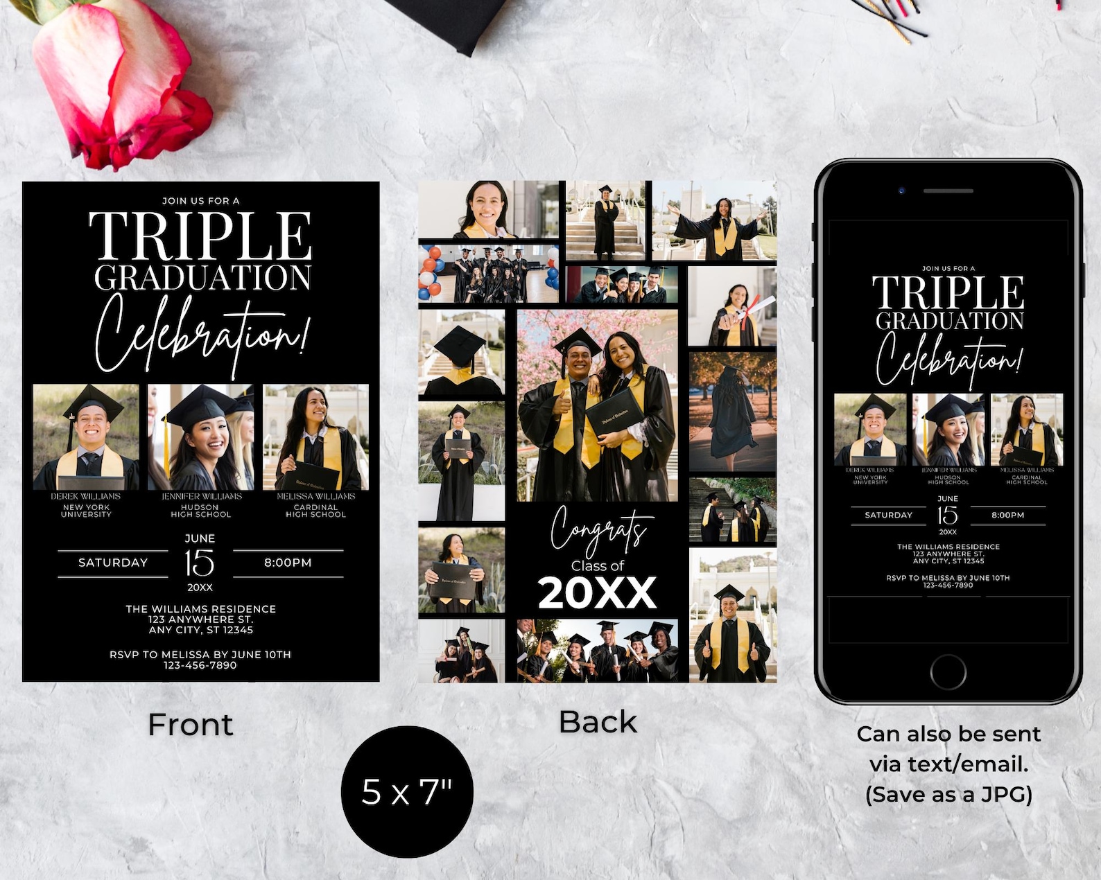 Triple Frame Graduation Editable Modern Triple Graduation Party Photo Invitation, 3 Person ...