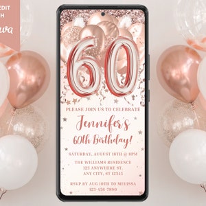 Digital 60th Birthday Pink Rose Gold Balloons Party Invitation, Electronic Phone Text Evite, Editable Template, Instant Download, RGBN2