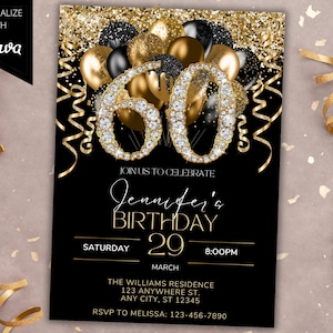 Bearbeitbare 60. Geburtstag Schwarz Gold Glitzer Ballons Diamant Party Einladung Vorlage, druckbare Karte und Telefontext Evite, Instant Download