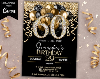Bearbeitbare 60. Geburtstag Schwarz Gold Glitzer Ballons Diamant Party Einladung Vorlage, druckbare Karte und Telefontext Evite, Instant Download