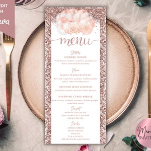 Bewerkbare roségouden glitterballonnen diner menukaart verjaardag, afdrukbare evenementmenu en drankkaart, bewerkbare sjabloon, direct downloaden
