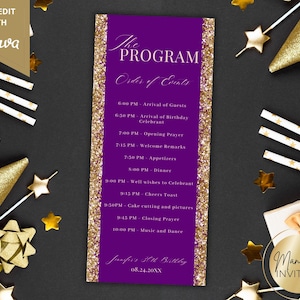 Plantilla editable de tarjeta de programa de evento de cumpleaños con purpurina dorada y morada, agenda de itinerario de cena de cumpleaños, programa de mesa, descarga instantánea