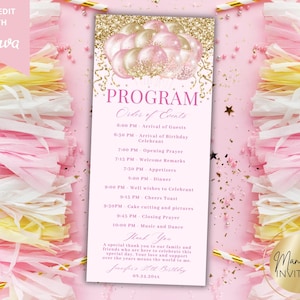 Puede incluir: Un programa de eventos rosa con gráficos de globos y purpurina dorada. El programa incluye el texto "PROGRAMA" y "Orden de Eventos" con un horario de actividades. El programa está rodeado de papel decorativo rosa y amarillo.