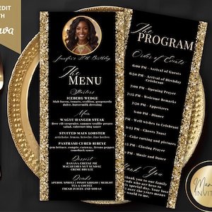 Tarjeta de agradecimiento con foto y programa de menú editable, elegante y con purpurina dorada y negra, decoración para fiesta de graduación de cumpleaños, plantilla imprimible de Canva.