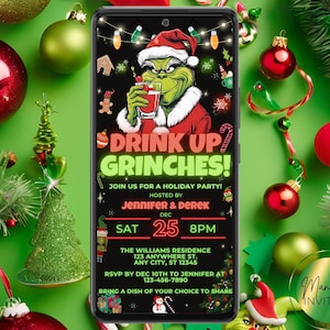 Faire-part de Noël numérique Drink Up Grinches, Grinch Friendsmas Party, Eviter le téléphone, modèle modifiable, téléchargement immédiat