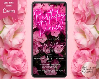 Digital Pink Floral Birthday Dinner Party Invitation, Electronic Mobile Phone Text Message Evite, Editable Template, Instant Download PF01