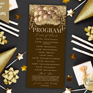Può includere: Un programma di compleanno marrone e oro con un elenco di eventi, palloncini dorati e coriandoli. Il testo recita "PROGRAMMA Ordine degli Eventi" e include un messaggio di ringraziamento. Elementi decorativi: stelle e fiocchi dorati.