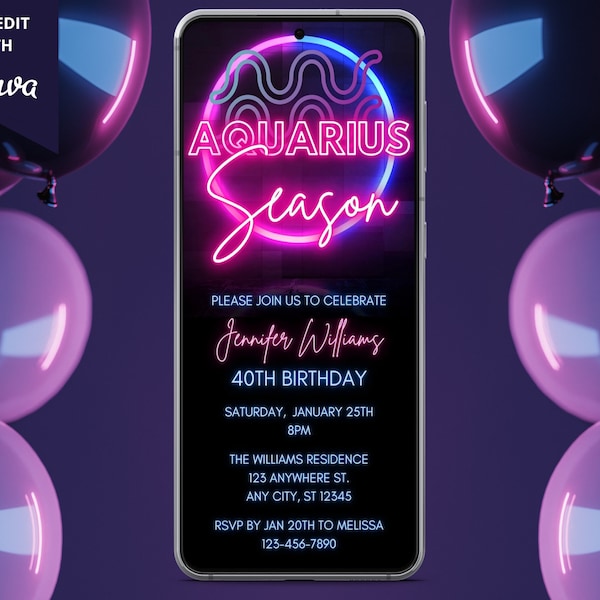 Aquarius Zodiac Birthday Digital Invitation, Electronic Party Invite, Neon Aquarius Season, Phone Evite, Editable Template, Instant Download