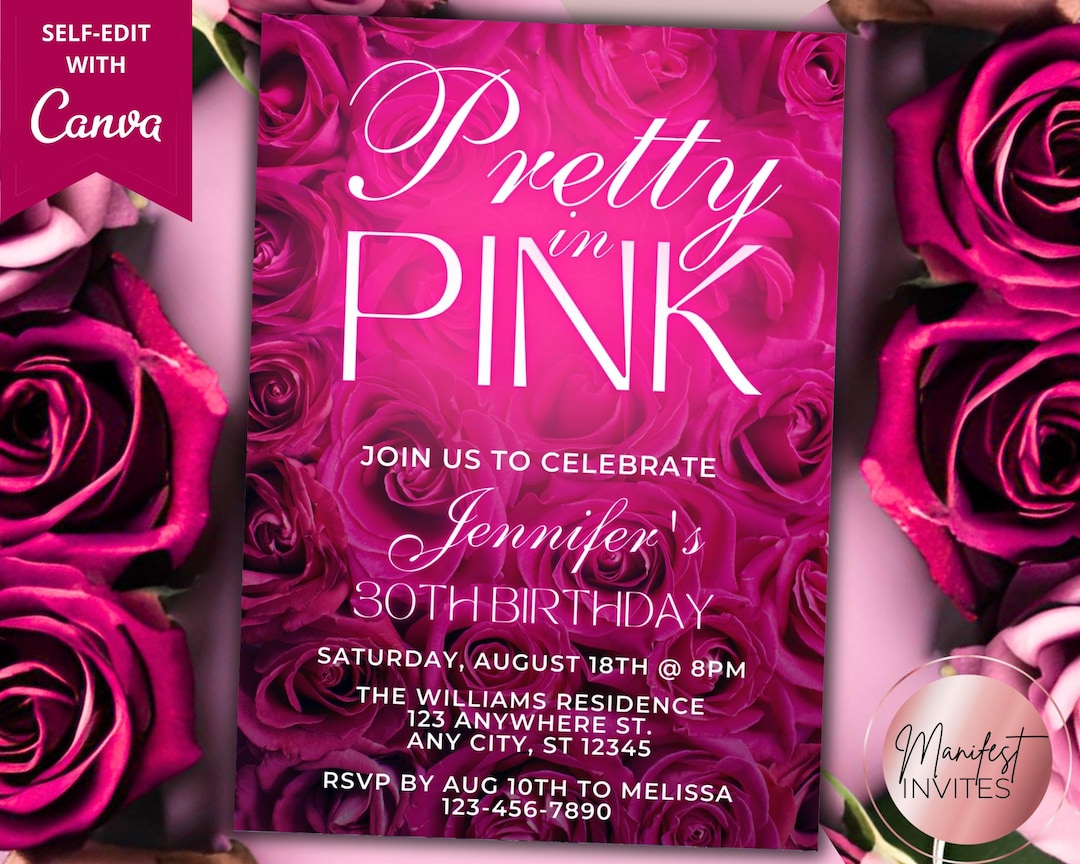 Editable Elegant Pretty in Pink Birthday Party Invitation for Women ...