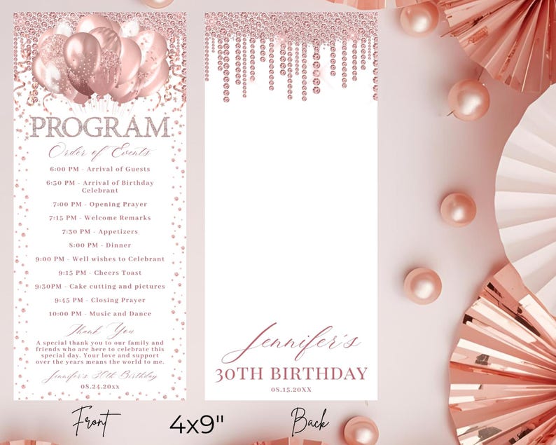 Rose Gold Program Editable Glam Pink Rose Gold Glitter Balloons Diamond Program and Thank ...