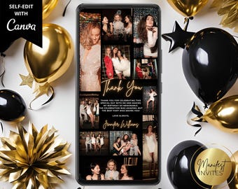Digital Photo Collage Gold Neon Thank You Card Invitation, Women's Birthday Graduation, Editable Template, Text Evite, Instant Download