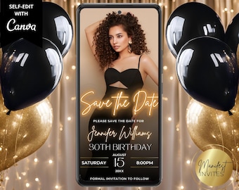 Digital Modern Gold Neon Save the Date Party Photo Invitation, Birthday Graduation, Phone Text Evite, Editable Template, Instant Download
