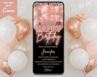 Carte de voeux d'anniversaire électronique, message texte d'anniversaire numérique, joyeux anniversaire, paillettes rose fluo, modèle modifiable, téléchargement immédiat