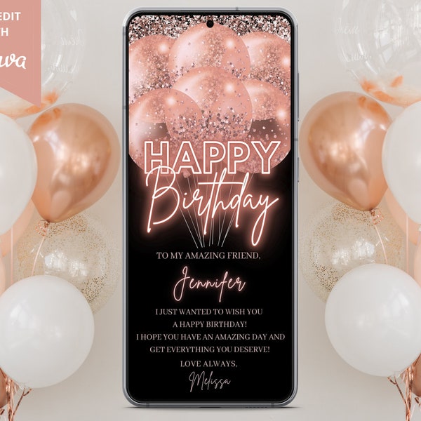 Carte de voeux d'anniversaire électronique, message texte d'anniversaire numérique, joyeux anniversaire, paillettes rose fluo, modèle modifiable, téléchargement immédiat