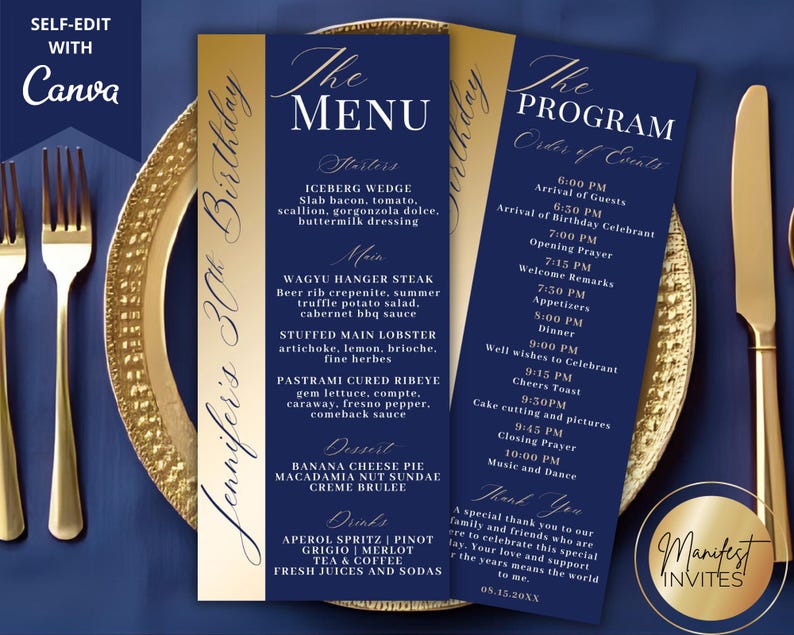 Editable Elegant Blue Gold Menu Program and Thank You Card, Modern ...