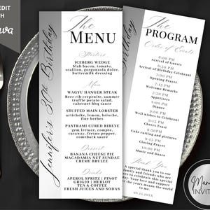 Puede incluir: Elegantes menús y programas para una celebración de 30 cumpleaños. El menú presenta entrantes, platos principales, postres y bebidas. El programa detalla el orden de los eventos.