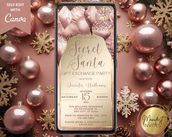 Puede incluir: Un teléfono inteligente muestra una invitación a una fiesta de Secret Santa, rodeada de adornos y copos de nieve en oro rosa. La invitación incluye la fecha, hora, lugar e información de confirmación de asistencia. El fondo presenta decoraciones navideñas.