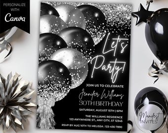 Invitación editable "Let's Party" con globos negros y plateados brillantes, tarjeta de cumpleaños imprimible, plantilla de Canva, descarga instantánea.