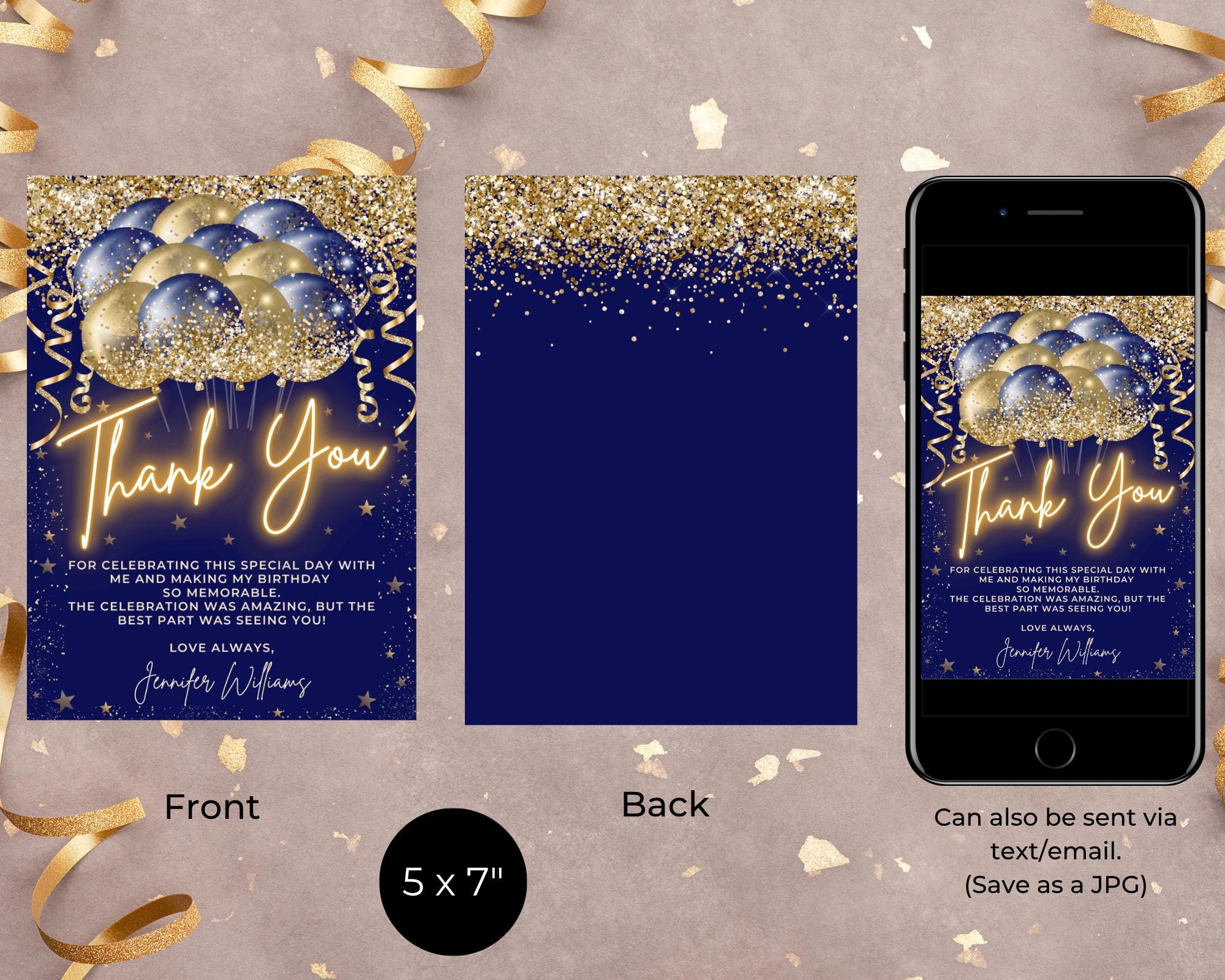 Editable Blue Gold Glitter Balloons Thank You Card Template, Printable ...
