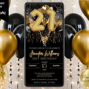 Digital 21st Birthday Party Invitation, Black and Gold Balloons, Adult Invite, Electronic Evite, Editable Template, Instant Download, BG43