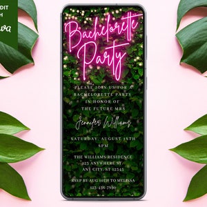 Digital Bachelorette Party Invitation, Electronic Bachelorette Invite, Pink Neon Greenery, Editable Template, Phone Evite, Instant Download