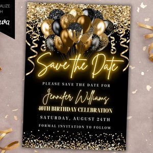 Bearbeitbare Schwarz-Gold-Glitzer-Ballons speichern die Datumsparty-Einladung, druckbare Karte und Text Evite, bearbeitbare Vorlage, sofortiger Download
