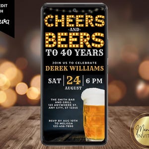 Digital Men's Cheers and Beers Birthday Party Invitation, Any Age, For Him, Phone Text Evite, Editable Template, Instant Download, WM42