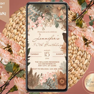 Invitación digital a fiesta de cumpleaños con diseño floral bohemio, texto electrónico para teléfono, plantilla editable para fiesta rústica bohemia, descarga instantánea