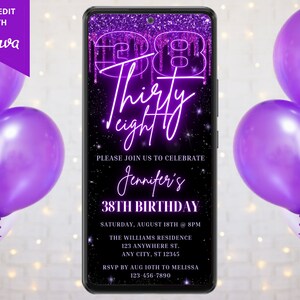 Digital 38th Birthday Party Invitation, Electronic Phone Text Message Evite, Neon Purple Glitter Drip, Editable Template, Instant Download