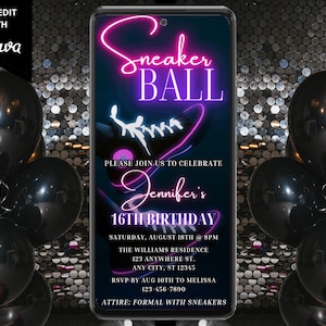 Electronic Sneaker Ball Birthday Party Invitation, Digital Phone Text Message Evite, Pink Purple Neon, Editable Template, Instant Download