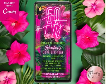 Digital 50th Birthday Tropical Pink Neon Party Invitation, Summer BBQ Luau Palm Leaves Electronic Evite, Editable Template, Instant Download